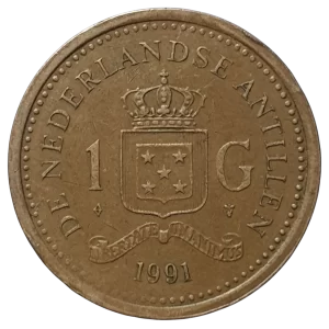 Antilhas Holandesas,1 gulden 1991, aço revestido de bronze, 6 g, 24 mm, km# 37, rainha Beatriz