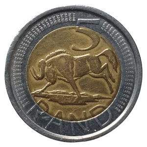 África do Sul, 5 rand 2005, bimetálica, 9.5 g, 26 mm, km# 297, legenda em tsonga e inglês, bordo de segurança