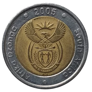 África do Sul, 5 rand 2005, bimetálica, 9.5 g, 26 mm, km# 297, legenda em tsonga e inglês, bordo de segurança