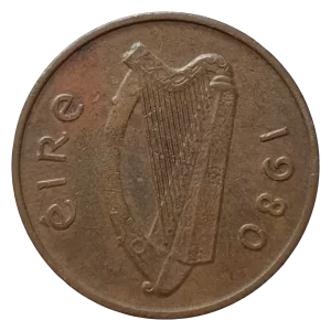 Irlanda, 2 pence 1980, bronze, 7.1 g, 25.9 mm, km# 21, não-magnética
