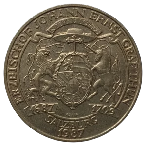 Áustria, 20 schilling 1987, alumínio-níquel-bronze, 8 g, 27.8 mm, km# 2980, 300 anos da ascenção do arcebispo Johan Thun