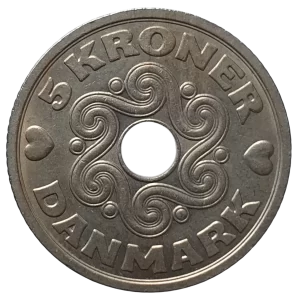 Dinamarca, 5 kroner 1990, cuproníquel, 9.2 g, 28.5 mm, km# 869, com monograma e furo central
