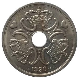 Dinamarca, 5 kroner 1990, cuproníquel, 9.2 g, 28.5 mm, km# 869, com monograma e furo central