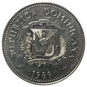 República Dominicana, 1/2 peso 1989, aço revestido de níquel, 11.35 g, 30.55 mm, km# 73.1, farol de Colombo