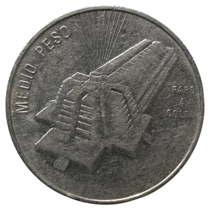 República Dominicana, 1/2 peso 1989, aço revestido de níquel, 11.35 g, 30.55 mm, km# 73.1, farol de Colombo