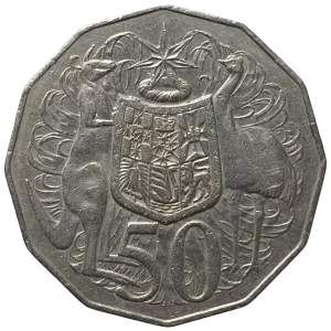 Austrália, 50 cents 1984, cuproníquel, 15.5 g, 31.5 mm, km# 68, escudo/Elizabeth II