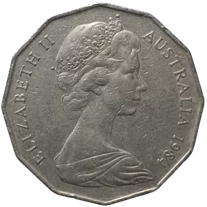 Austrália, 50 cents 1984, cuproníquel, 15.5 g, 31.5 mm, km# 68, escudo/Elizabeth II