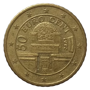 Áustria, 50 euro cents 2002, ouro nórdico, 7.8 g, 24.25 mm, km# 3087