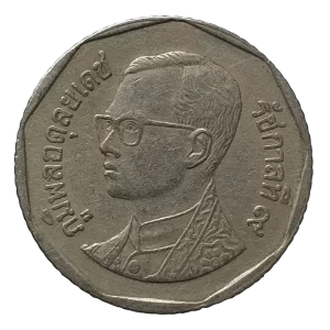 Tailândia, 5 baht BE 2533 (1990), cobre revestido de cuproníquel, 7.5 g, 24 mm, Y# 219, rei Rama IX