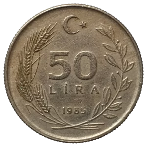 Turquia, 50 liras 1985, níquel-latão, 9 g, 26.8 mm, km# 966