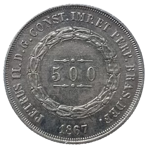 Brasil, Império, 500 réis 1867, prata 0.917, 6.3 g, 25 mm, km# 464, Bentes 494.15.01, brasão