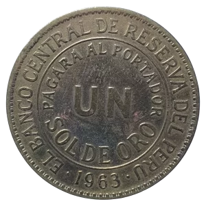 Peru, 1 sol de oro 1963, latão, 18.8 g, 33 mm, km# 222