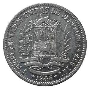 Venezuela, 1 bolivar 1945, prata 0.835, 5 g, 22.8 mm, Y# 22a