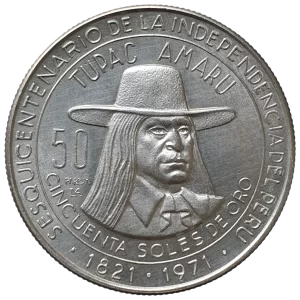 Peru, 50 soles de oro 1971, prata 0.800, 21.4 g, 37 mm, km# 256, 150 anos da independência, Tupac Amaru