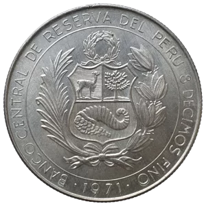 Peru, 50 soles de oro 1971, prata 0.800, 21.4 g, 37 mm, km# 256, 150 anos da independência, Tupac Amaru