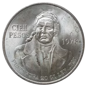 México, 100 pesos 1978, prata 0.720, 27.8 g, 39 mm, José Maria Morelos, km# 483
