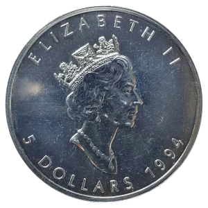 Canadá, 5 dólares 1994, prata 0.9999, 31.1 g, 38 mm, Maple Leaf