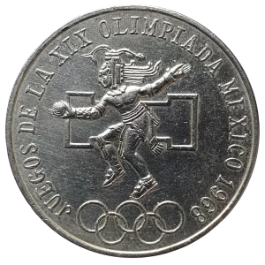 México, 25 pesos 1968, prata 0.720, 22.5 g, 38 mm, Olimpíadas do México, km# 479