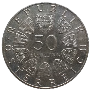 Áustria, 50 schilling 1967, prata 0.900, 20 g, 33.5 mm, km# 2902, 100 anos da valsa 