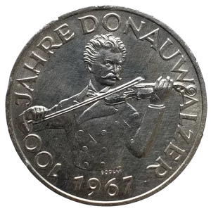 Áustria, 50 schilling 1967, prata 0.900, 20 g, 33.5 mm, km# 2902, 100 anos da valsa 