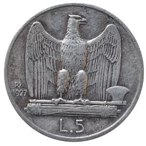 Itália, 5 liras 1927, prata 0.835, 5.0 g, 23 mm, km# 67, águia, Vitório Emanuel III