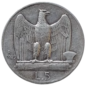 Itália, 5 liras 1929, prata 0.835, 5.0 g, 23 mm, km# 67, águia, Vitório Emanuel III