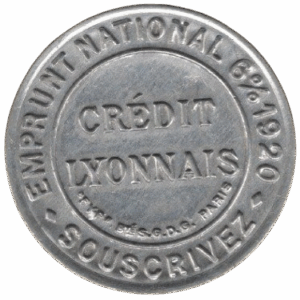 França, ficha comercial, 5 centimes 1920, selo de papel em suporte de alumínio, 33 mm, N# 10707