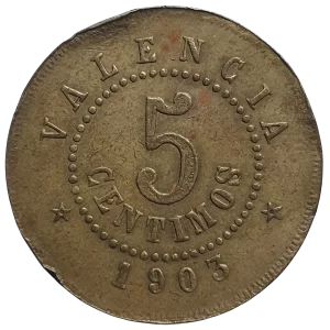 Espanha, Valência, 5 centavos, latão (?), 1903, 6.3 g, 30 mm, Sociedade Cooperativa de Auxílio e Instrução do Trabalhador