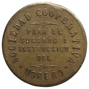 Espanha, Valência, 5 centavos, latão (?), 1903, 6.3 g, 30 mm, Sociedade Cooperativa de Auxílio e Instrução do Trabalhador