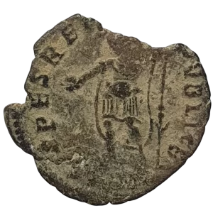 Império Romano, século 4 dC, moeda de bronze a identificar