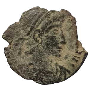 Império Romano, século 4 dC, moeda de bronze a identificar