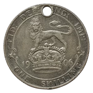 Reino Unido, Eduardo VII, 1 shilling 1906, prata 0.925, 23.5 mm, 5.5 g, com furo, km# 800