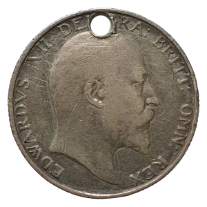 Reino Unido, Eduardo VII, 1 shilling 1906, prata 0.925, 23.5 mm, 5.5 g, com furo, km# 800