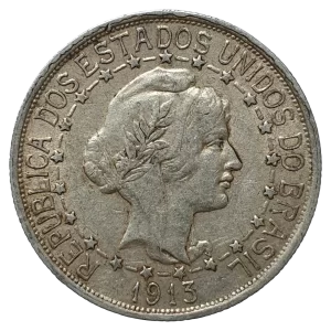 Brasil, República, 1000 réis 1913, prata 0.900, 10 g, 26 mm, Estrelas Ligadas, km# 510