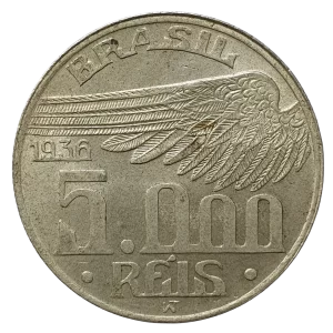 Brasil, República, 5000 réis 1936, prata 0.600, 10 g, 27.5 mm, Santos Dumont, km# 543