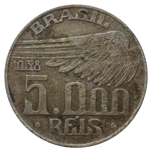 Brasil, República, 5000 réis 1938, prata 0.600, 10 g, 27.5 mm, Santos Dumont, km# 543