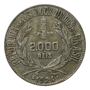 Brasil, República, 2000 réis 1924, prata 0.500, 8 g, 26 mm, km# 526, mocinha