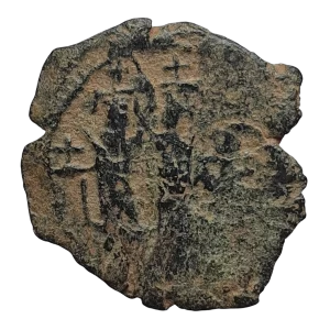 Império Bizantino, Heráclio, 40 nummi, bronze, 4.2 g, 24 mm, 610 a 641 dC, Heráclio ao centro com filho e esposa, cunhada em Nicomédia, SB 836