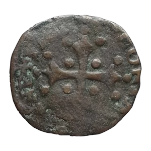 República de Veneza, doge Pasquale Cicogna, sesino, prata baixa, 1.3 g, 18 mm, 1585 a 1595, leão / cruz, N# 157093