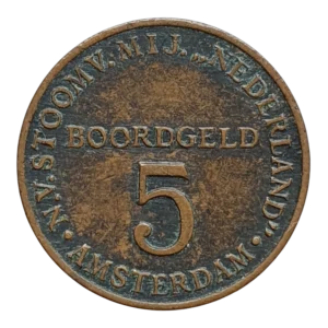 Países Baixos, ficha de navio, 5 boordgeld, 1947 a 1957, cobre, 2 g, 16 mm, empresa SMN (Steaming Corporation Netherlands ltd)