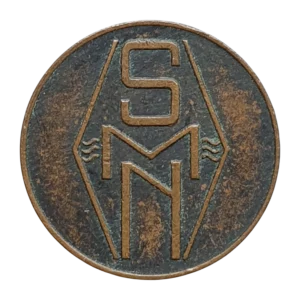 Países Baixos, ficha de navio, 5 boordgeld, 1947 a 1957, cobre, 2 g, 16 mm, empresa SMN (Steaming Corporation Netherlands ltd)
