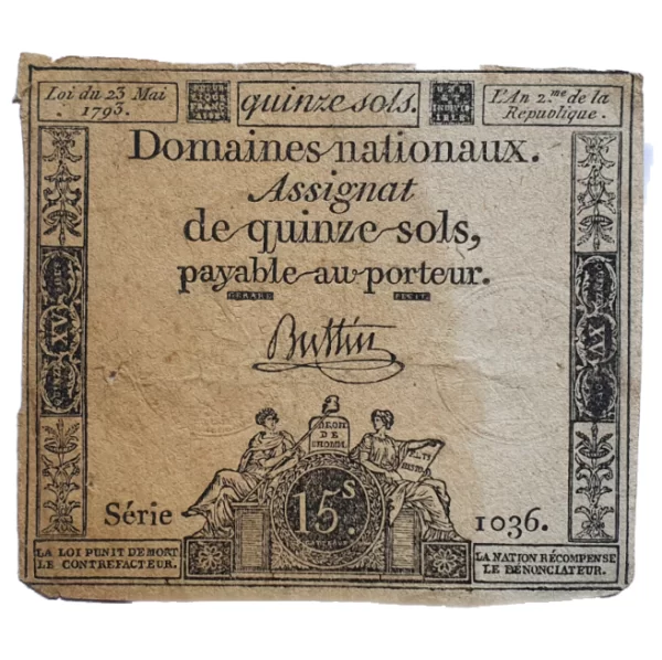 França, assignat, 15 sols 1793, série 1036, época da Revolução Francesa