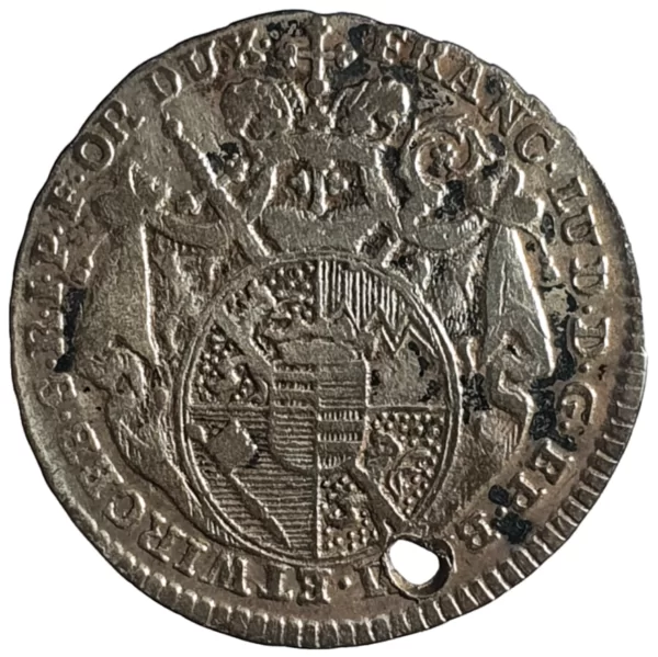 Würzburg, Alemanha, 3 kreuzer 1795, prata (com furo)