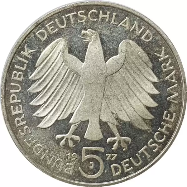 Alemanha, 5 marcos 1977J, prata, 200 anos do nascimento de Carl Friedrich Gauss - Image 2