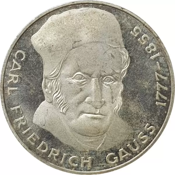 Alemanha, 5 marcos 1977J, prata, 200 anos do nascimento de Carl Friedrich Gauss