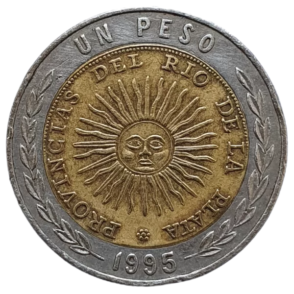 Argentina, 1 peso 1995, bimetálica, 6.4 g, 25 mm, km# 112, comemorativa da primeira moeda argentina