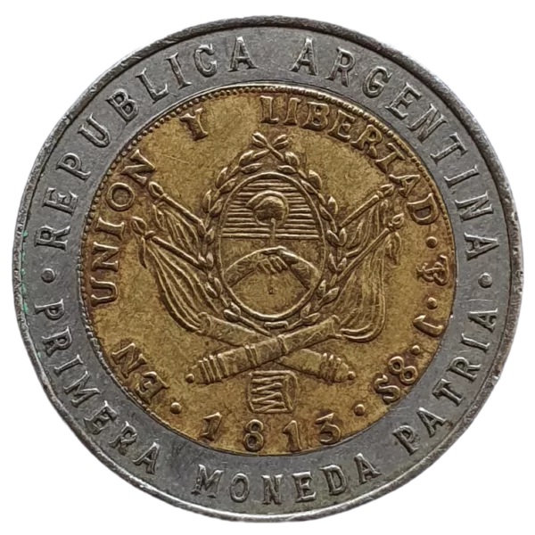 Argentina, 1 peso 1995, bimetálica, 6.4 g, 25 mm, km# 112, comemorativa da primeira moeda argentina - Image 2