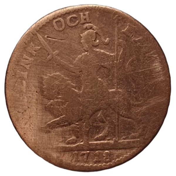 Suécia, 1 dáler silvermynt 1718, cobre, 4.5 g, 24 mm, Karl XII, moeda de emergência, KM# A35 - Image 2