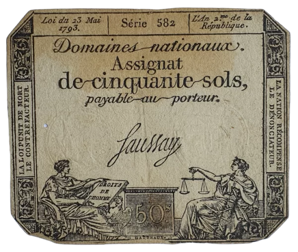 França, assignat, 50 sols 1793, série 582, época da Revolução Francesa